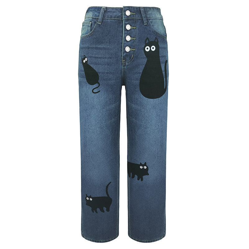 Women's American Retro Printed Cat Straight High Waist Women's Jeans