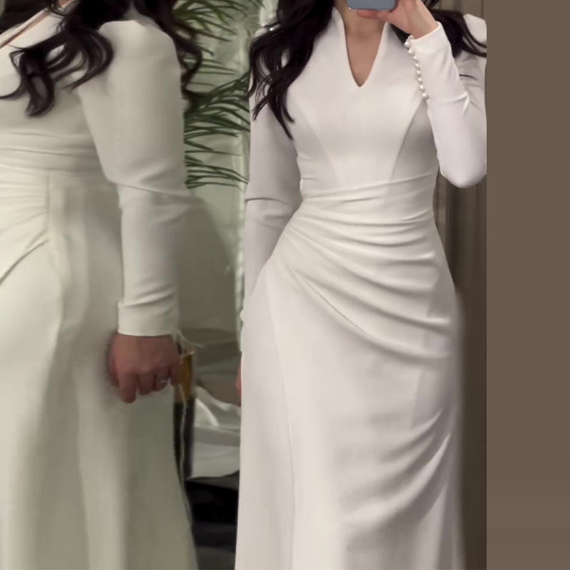 Color Slim Fit Gentle Pleated Long Dresses