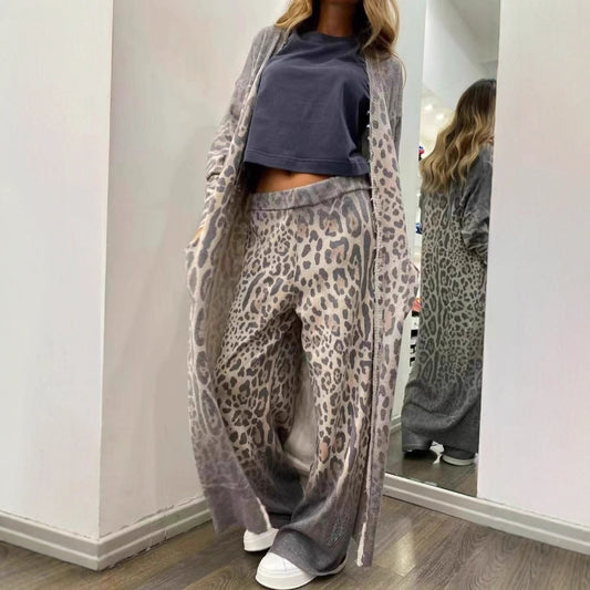 Women's Spring Leopard Print Long Sleeve Trousers Two-piece Suits