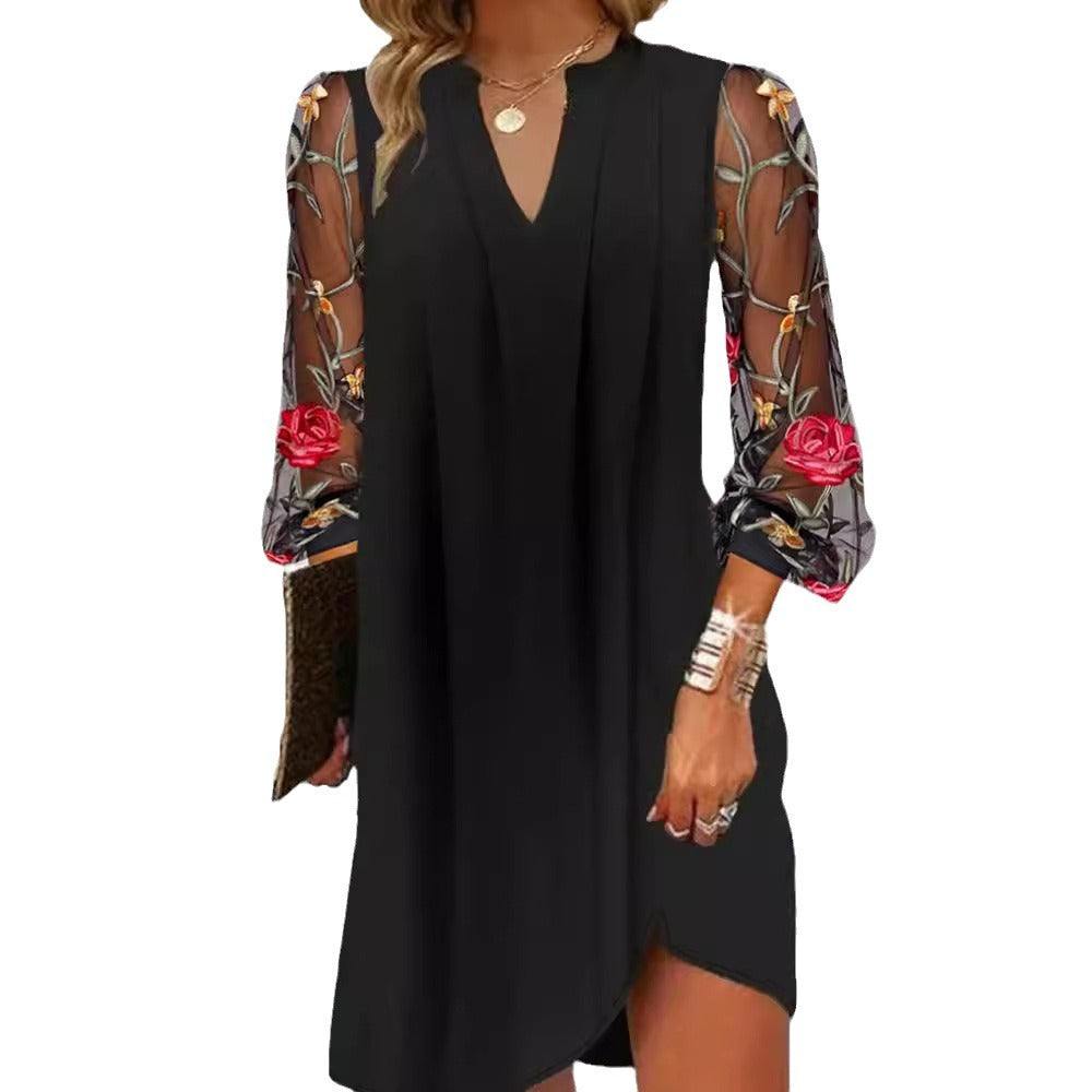 New Women's Summer Long-sleeved Floral Pleated Dress