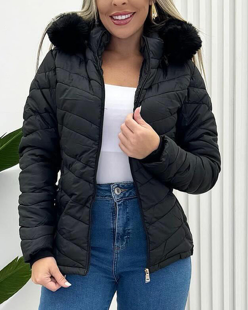 Color Waist Tight Hooded With Fur Blouses