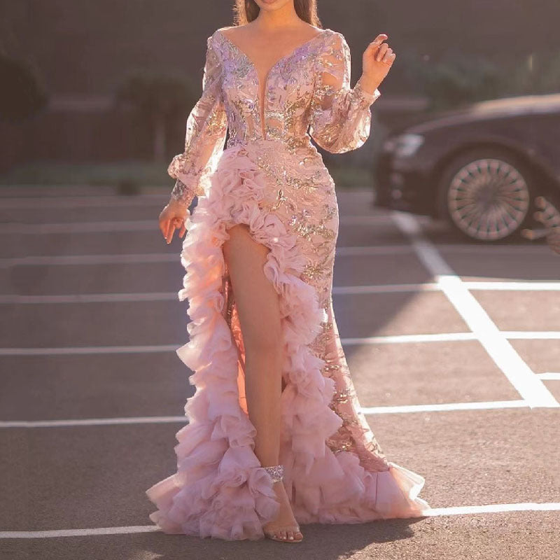 Sexy Hip Tail Sequin Pink Long Wedding Dresses