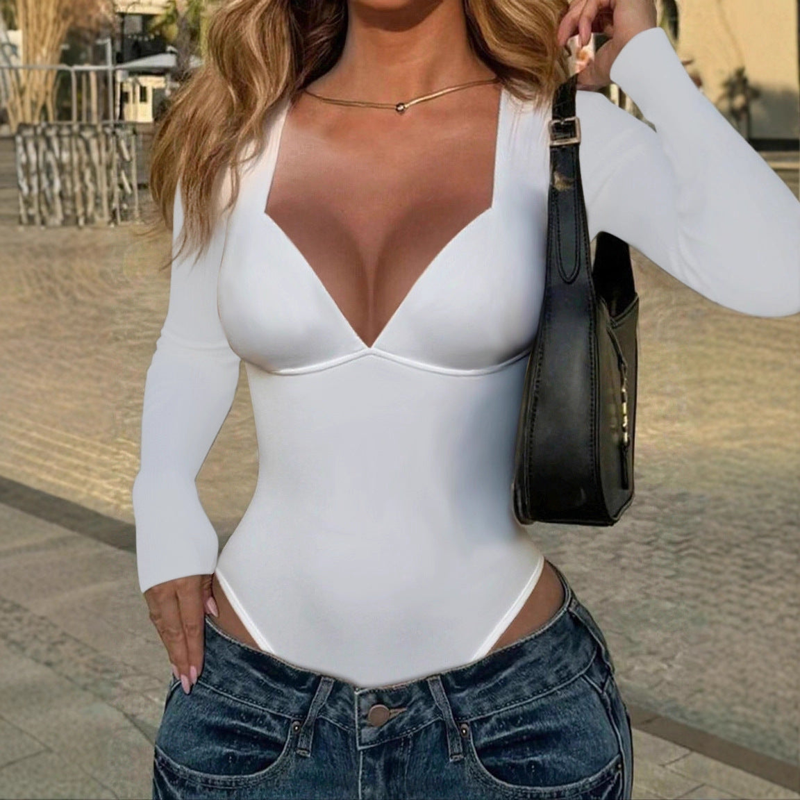 Deep V Long Sleeve Solid Color Chinese Style Women's Jumpsuit/clothing