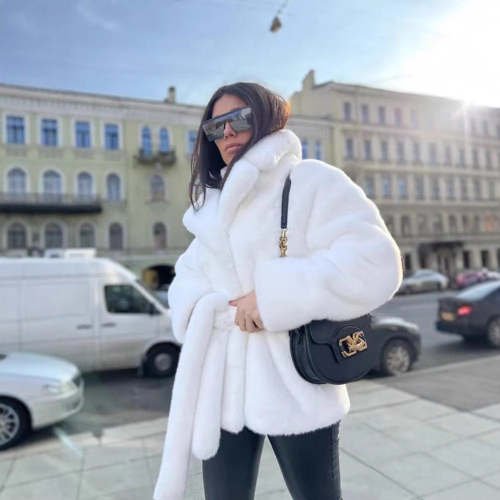 Women's Temperament Lapel No Belt Artificial Fur Coats