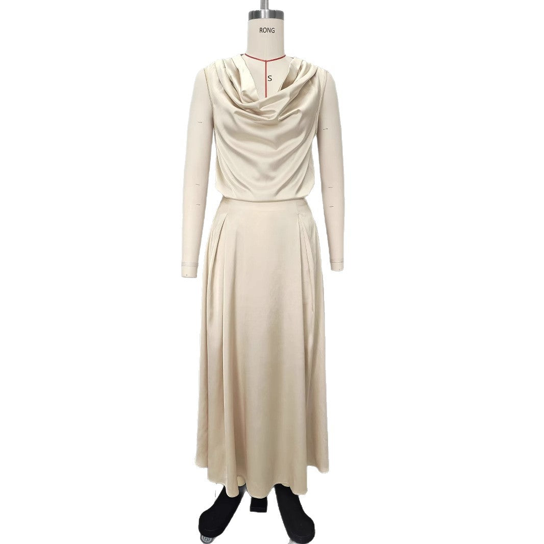 Satin Dress Solid Color Sleeveless Swing Collar Skirts