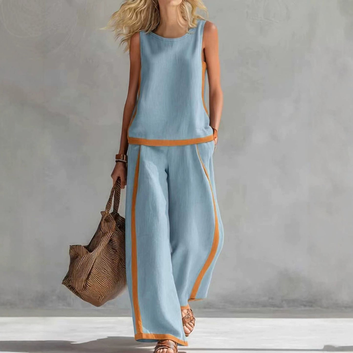 Women's Sleeveless Contrast Color Summer Two-piece Trendy Fashion Casual Suit