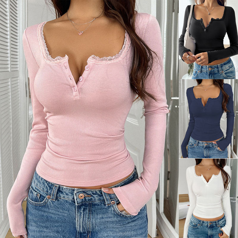 Women's Lace Button Fashionable Fitted Long Sleeve Women's T-shirt