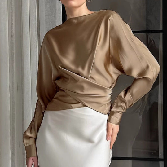 Women's Autumn Satin Elegant Long-sleeved Shirt Irregular Blouses
