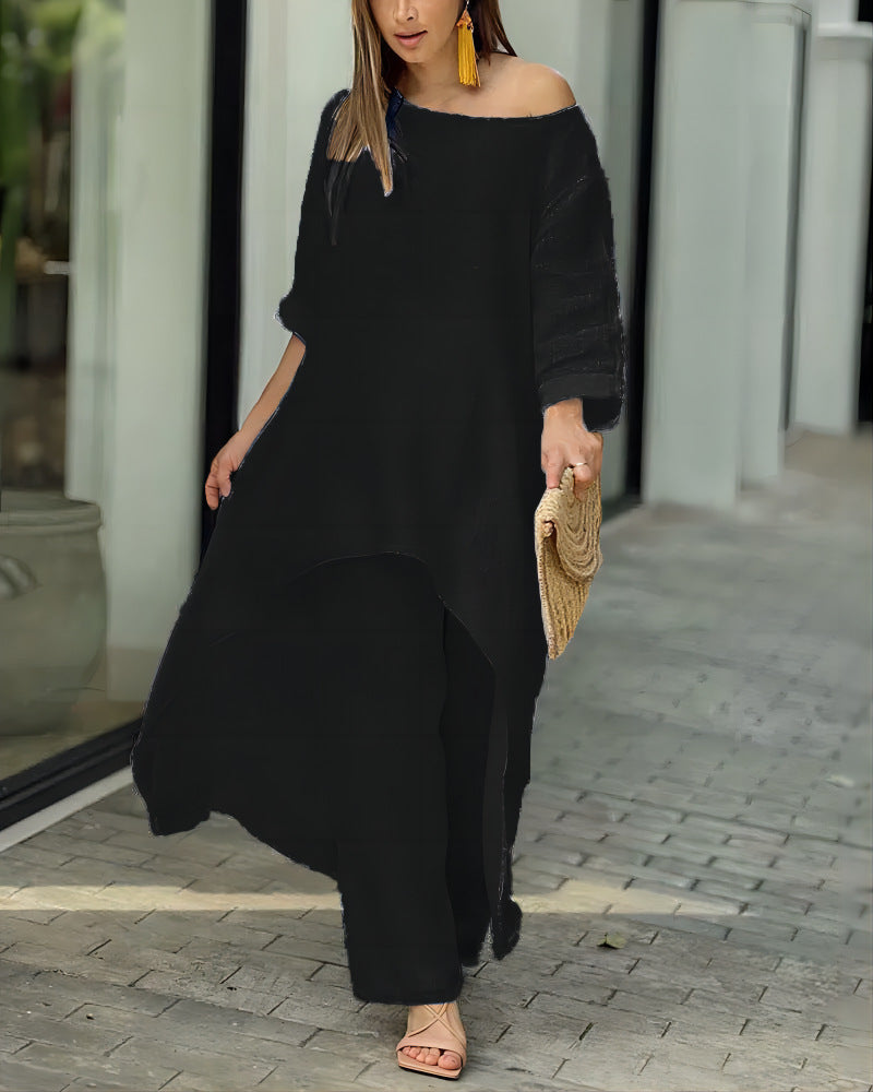 Women's Cotton Linen Irregular Long Sleeve Wide Leg Suits
