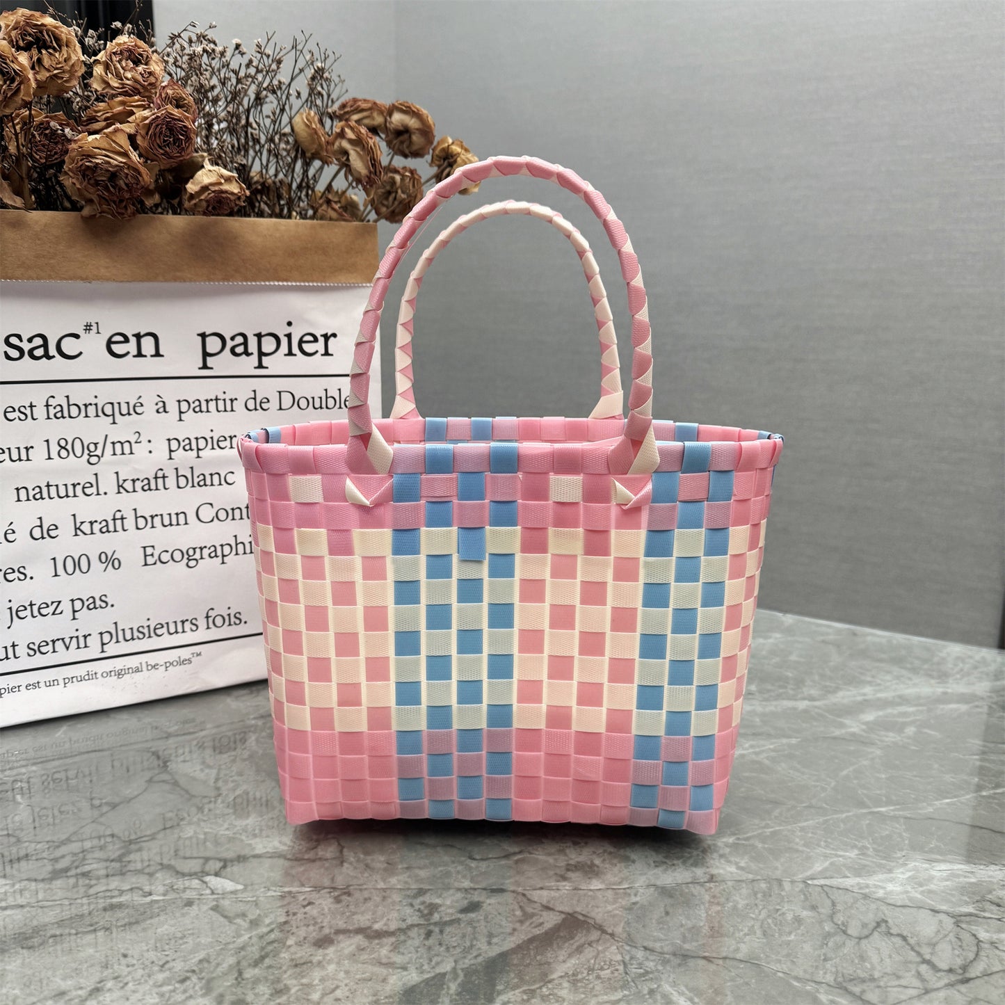 Women's Plastic Woven Gift Basket With Hand Fresh Handbags