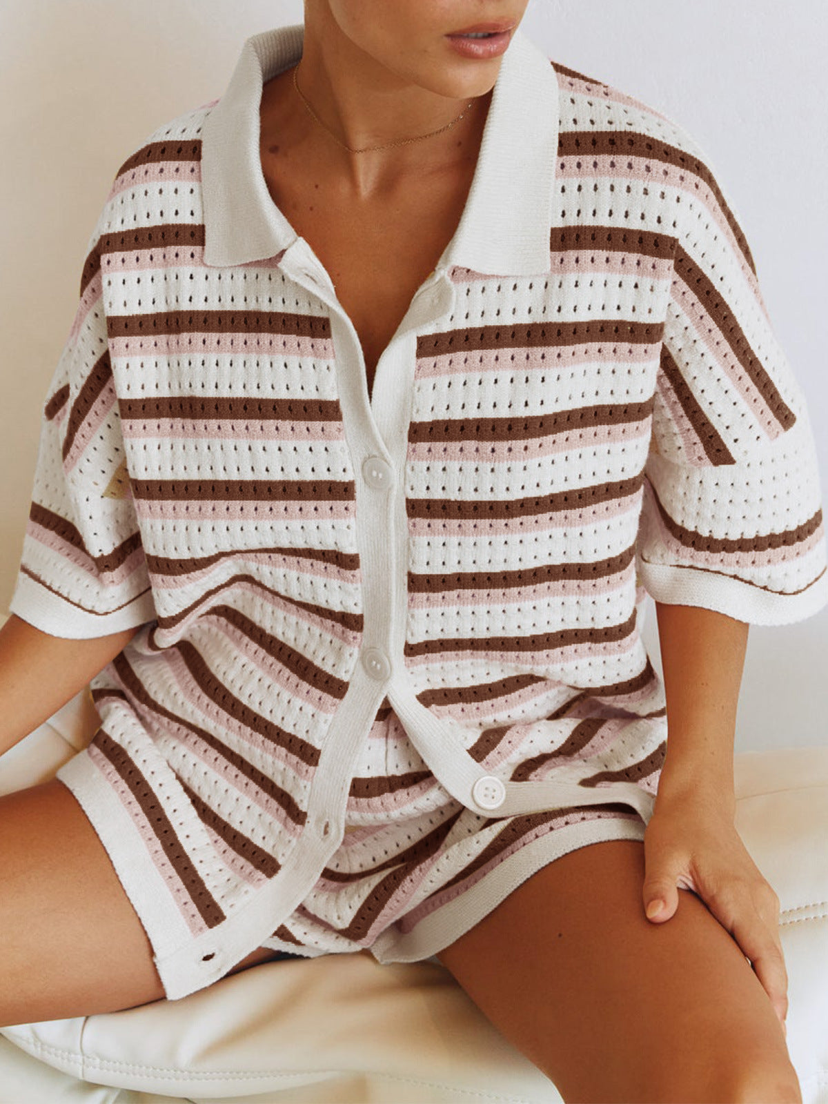 Women's Fashion Polo Collar Sleeve Striped Knitted Single-breasted High Waist Suits