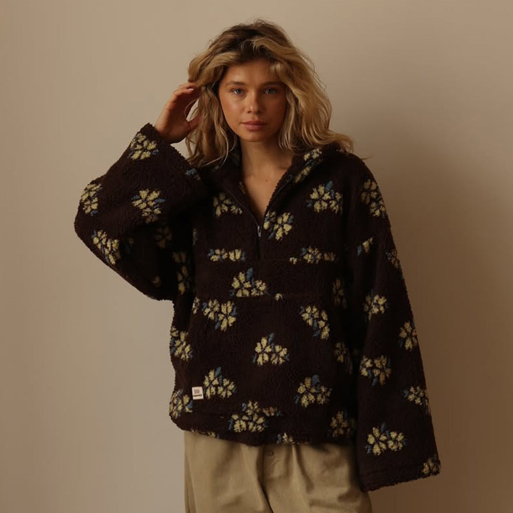 Women's Fashionable Faux Lamb Wool Printed Loose Sweaters