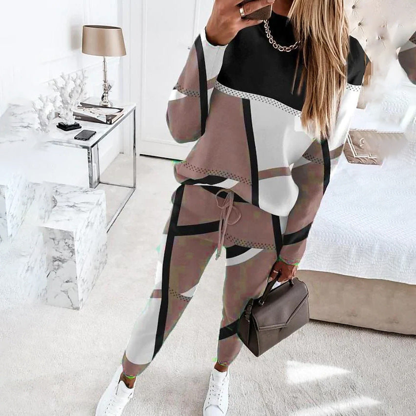 Women's Two-piece Printing Color Contrast Long Sleeve Suits