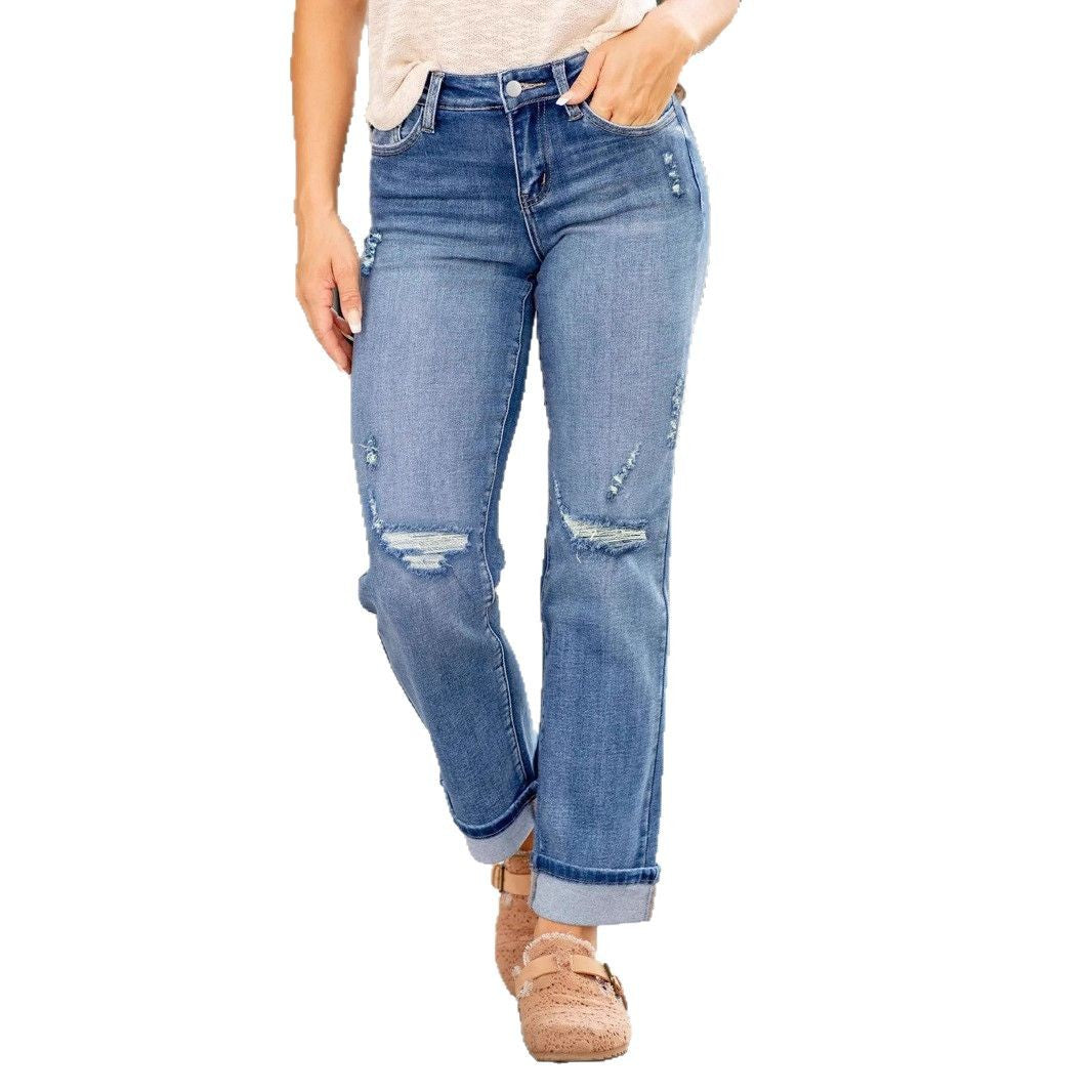 Women's Comfortable Ripped Elastic Straight Denim Trousers Women's Jeans