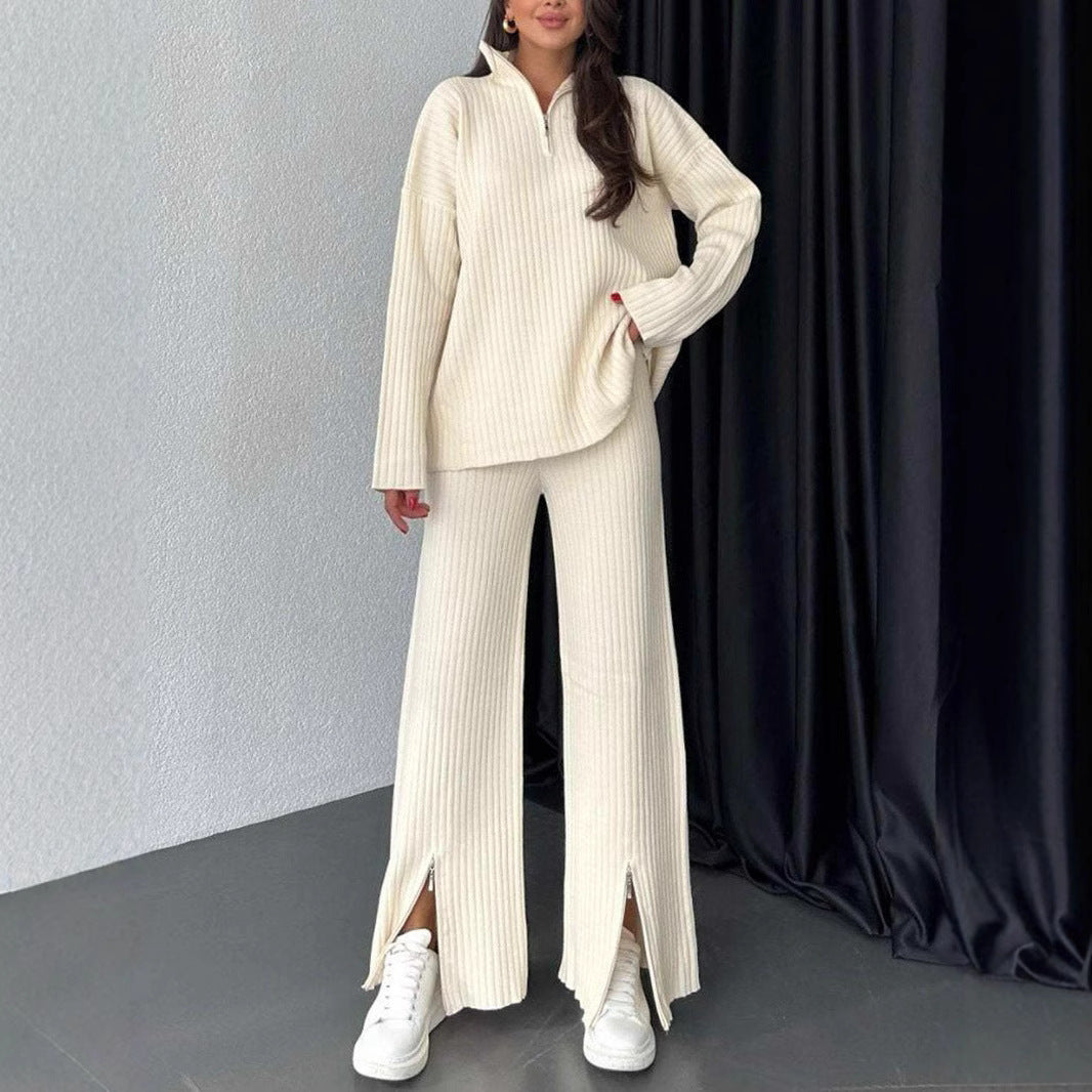 Women's Autumn Solid Color Zipper Knitting High Neck Suits