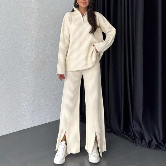 Women's Autumn Solid Color Zipper Knitting High Neck Suits
