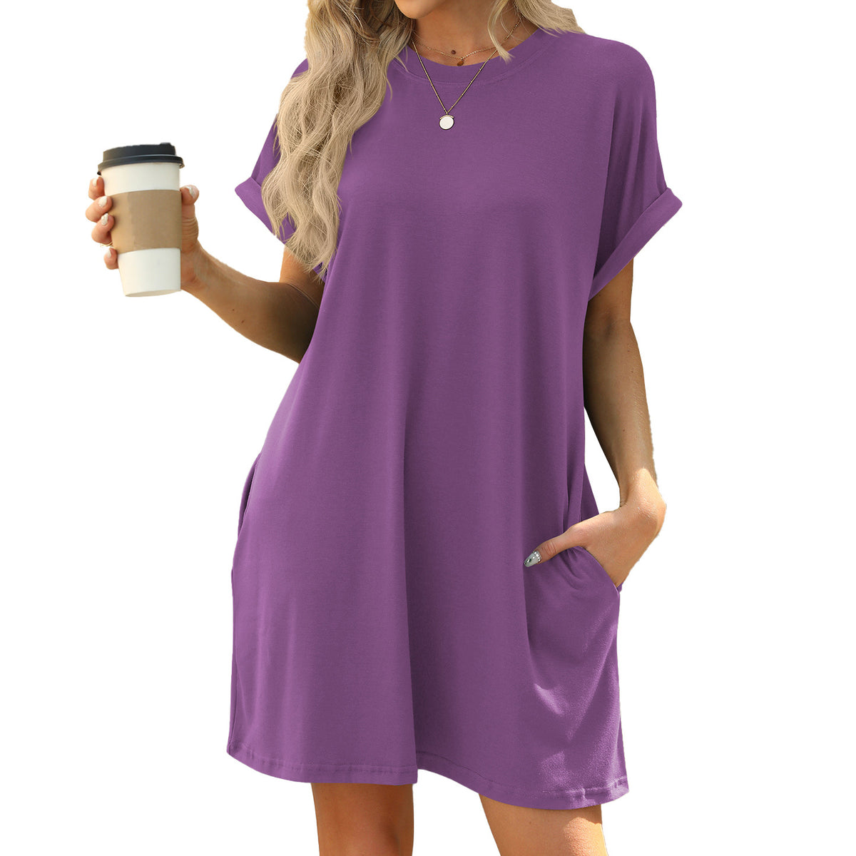 Solid Color Round Neck Pocket Loose Shorts