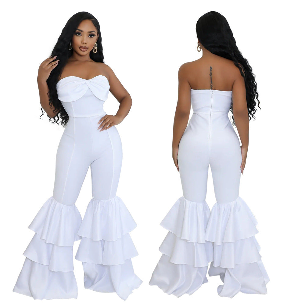 Women's Fashion Sexy Tube Solid Color Pleated Jumpsuits