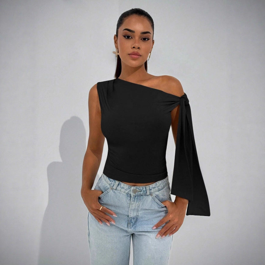 Women's Summer Fashion Street Shooting Ribbon Knot Oblique Tie Solid Color Women's T-shirt