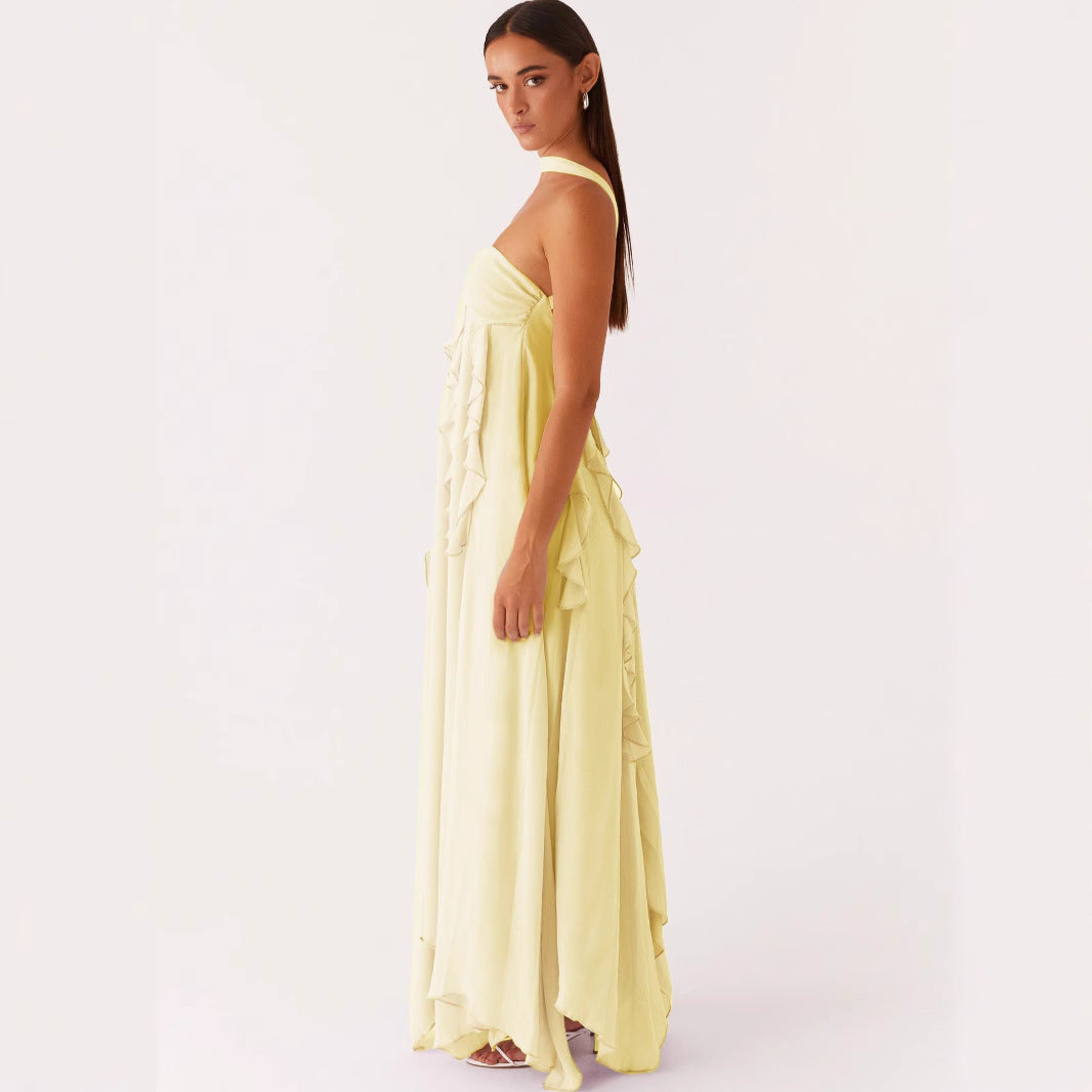 Spring Backless Halter Irregular Pleated Chiffon Dresses