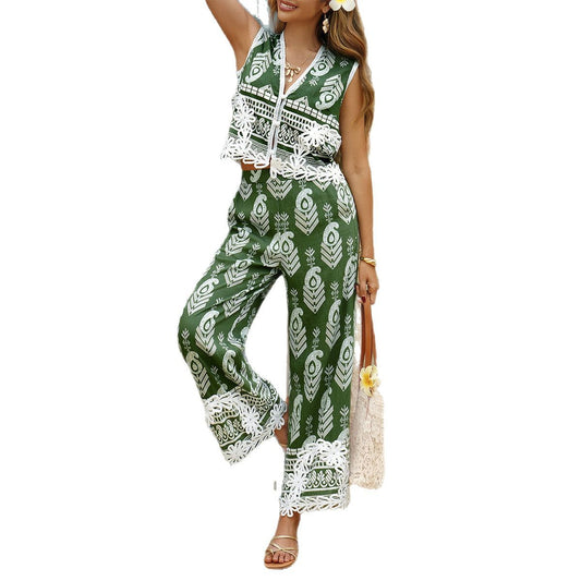 Women's Vacation Style Bohemian Print Contrast Color Suits