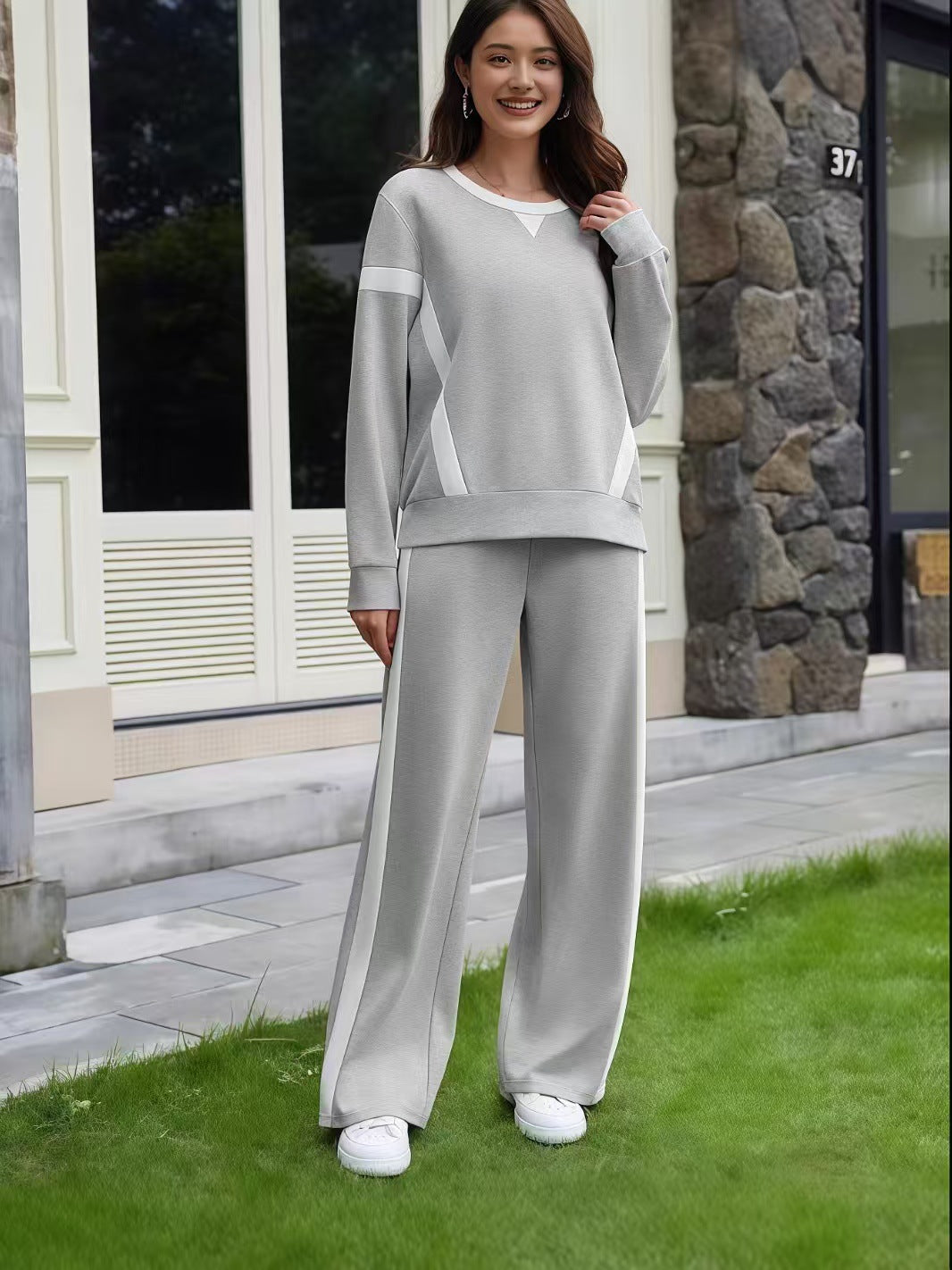 Women's Autumn Striped Color Matching Long Sleeve Fashion Casual Suit