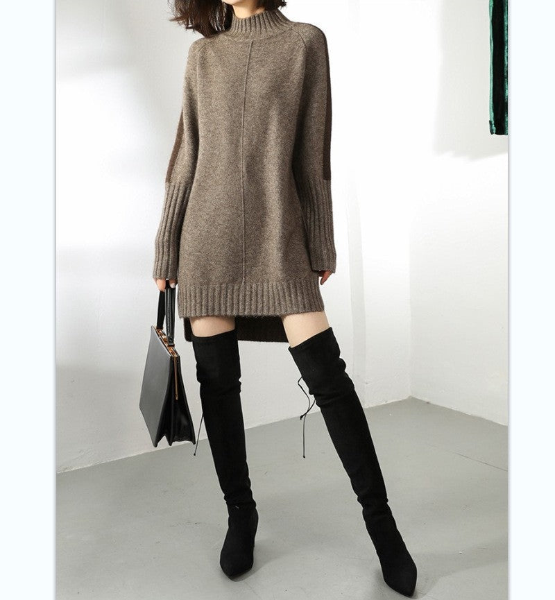 Women's Half Turtleneck Color-matching Dress Mid-length Loose Dresses