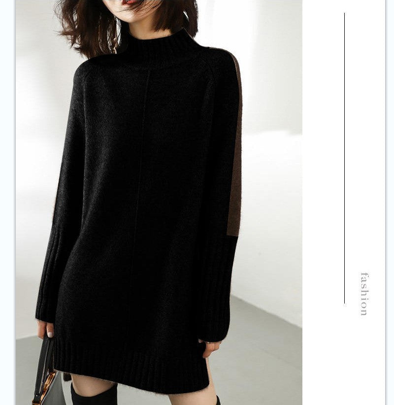 Women's Half Turtleneck Color-matching Dress Mid-length Loose Dresses