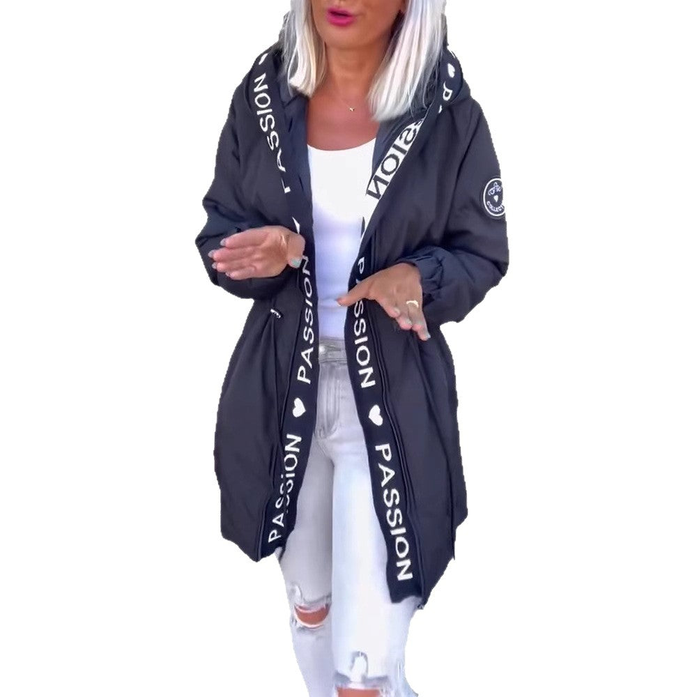Women's Winter Letter Pocket Hooded Drawstring Zipper Coats