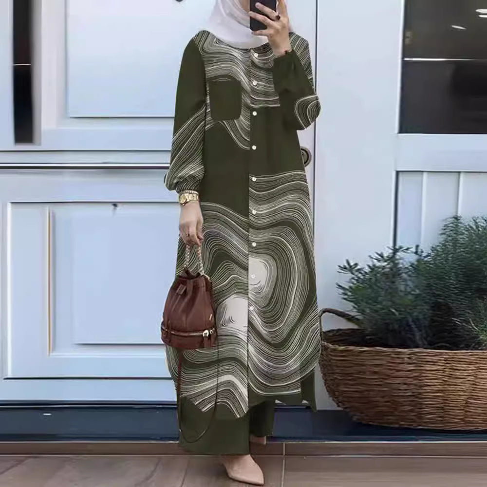 Women's Muslim Temperament Patchwork Long Sleeve Lapel Blouses
