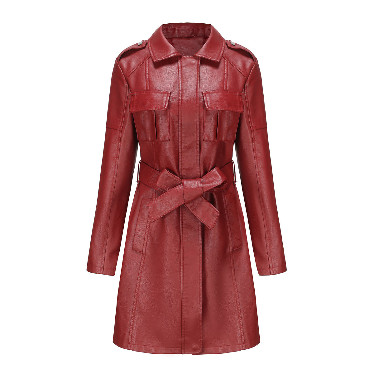 Women's Mid-length Leather Including Belt Long Sleeve Wind Fashion Jackets