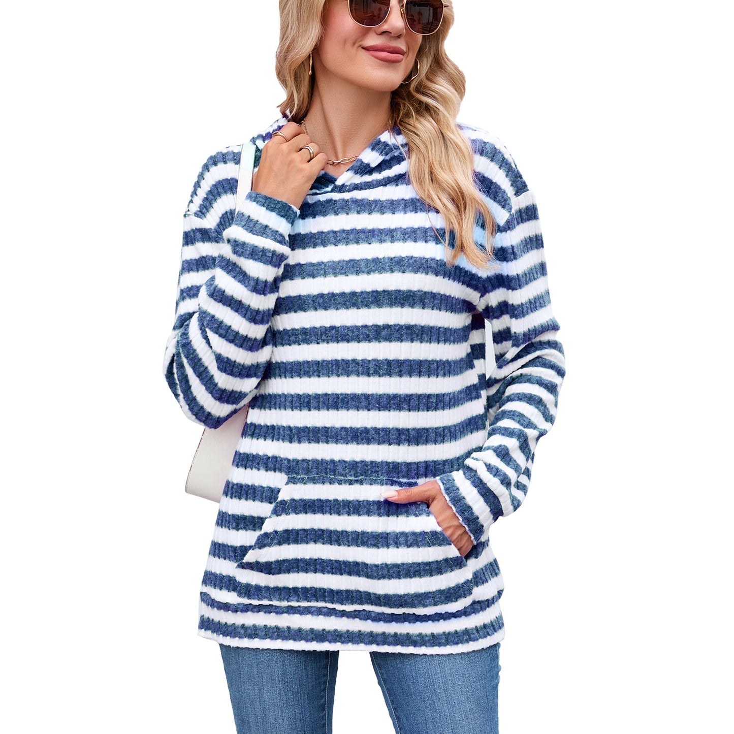 Women's Striped Hooded Pocket Loose Long Sleeve Women's Sweater, Sweater