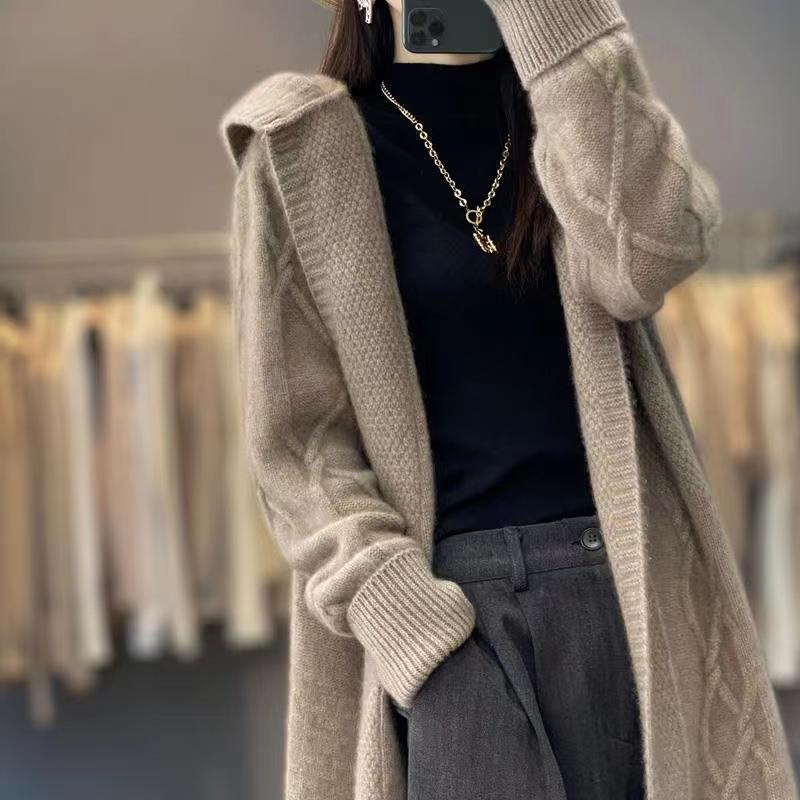 Women's Cashmere Hooded Twisted Knitted Over The Knee Sweaters