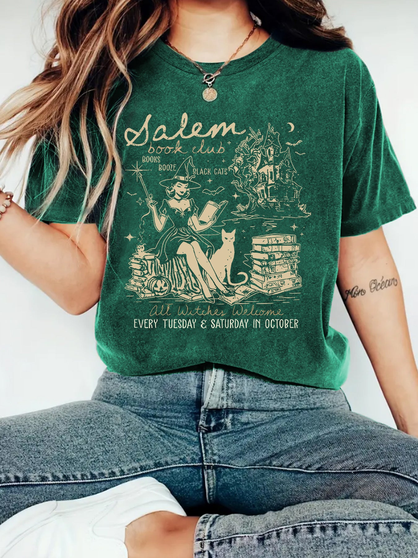 Women's Summer Salem Witch Pattern Halloween Printed Round Neck Women's T-shirt