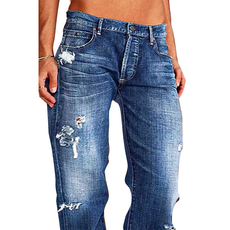 Women's Denim Trousers Trendy Mid Waist Ripped Jeans