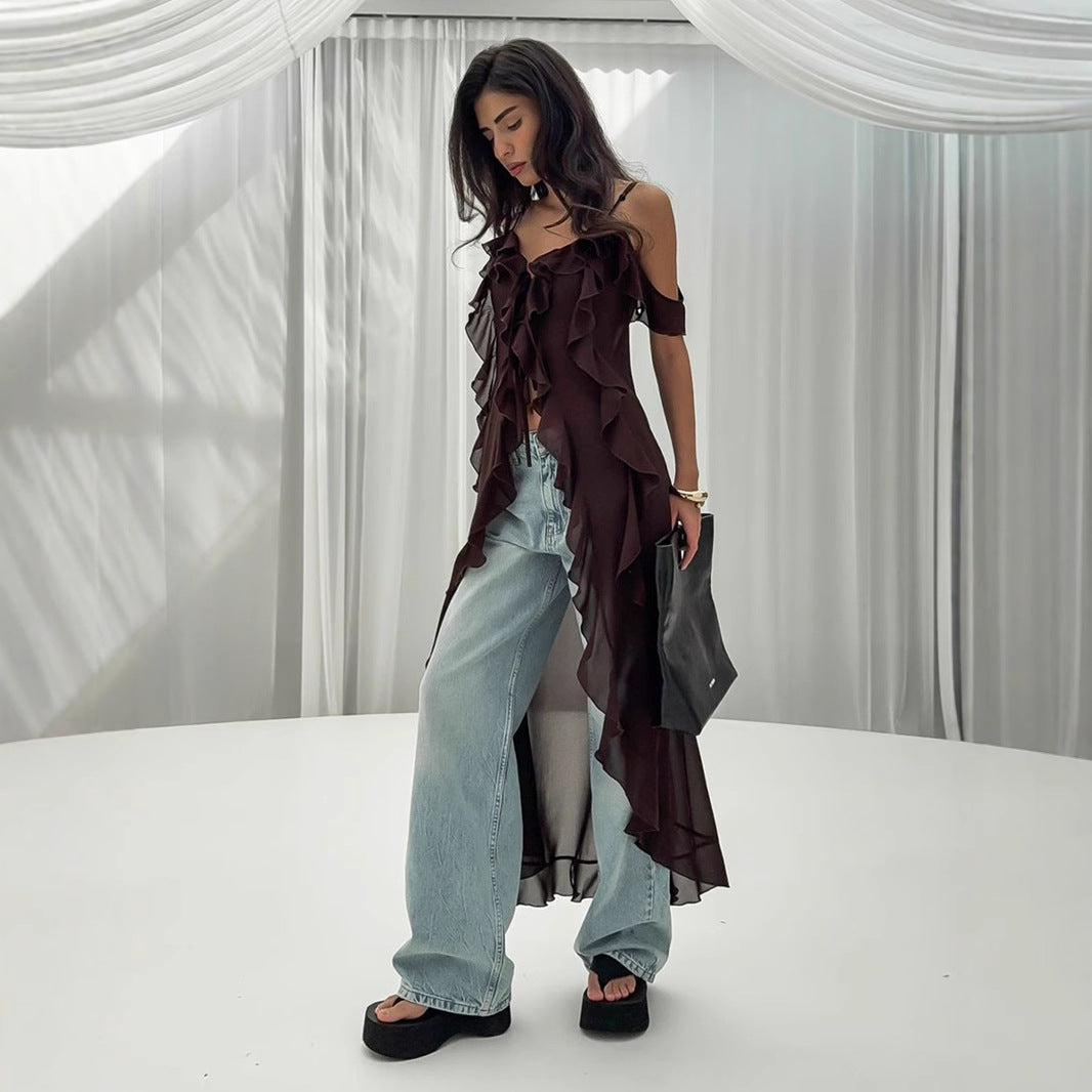 Women's Break Tea Sexy Suspender Dress Summer Ruffled Dresses