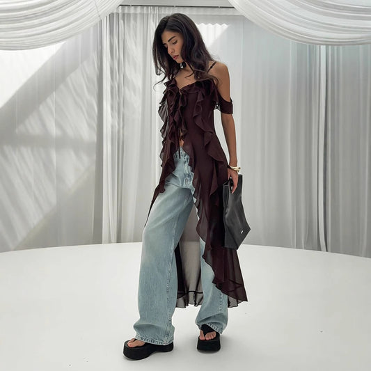 Women's Break Tea Sexy Suspender Dress Summer Ruffled Dresses