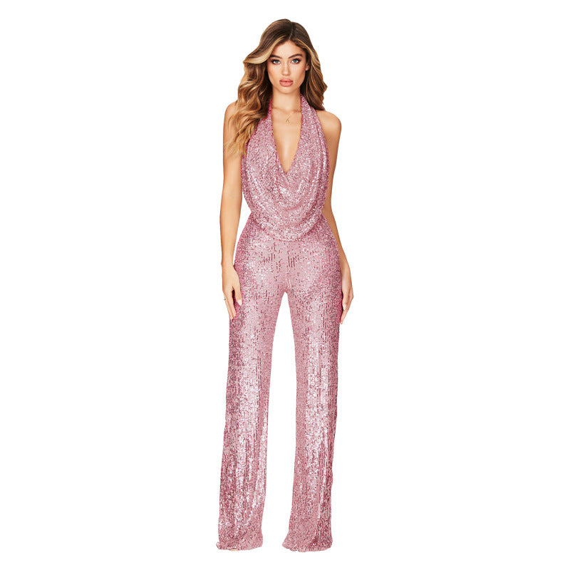 Women's Casual Summer Sleeveless Halter Sequined Jumpsuits