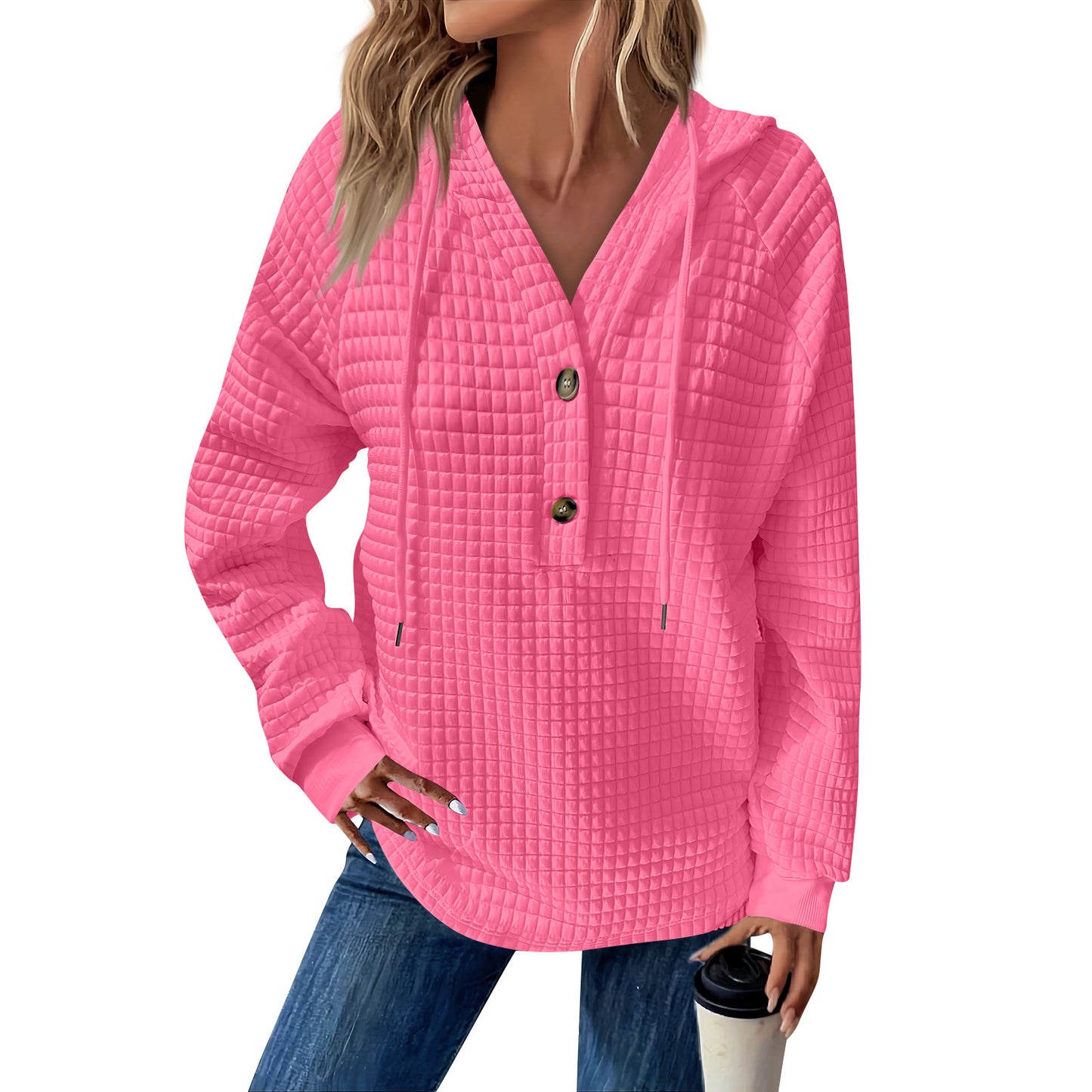 Women's Square Quilted Hooded Button Loose Long Women's Sweater, Sweater