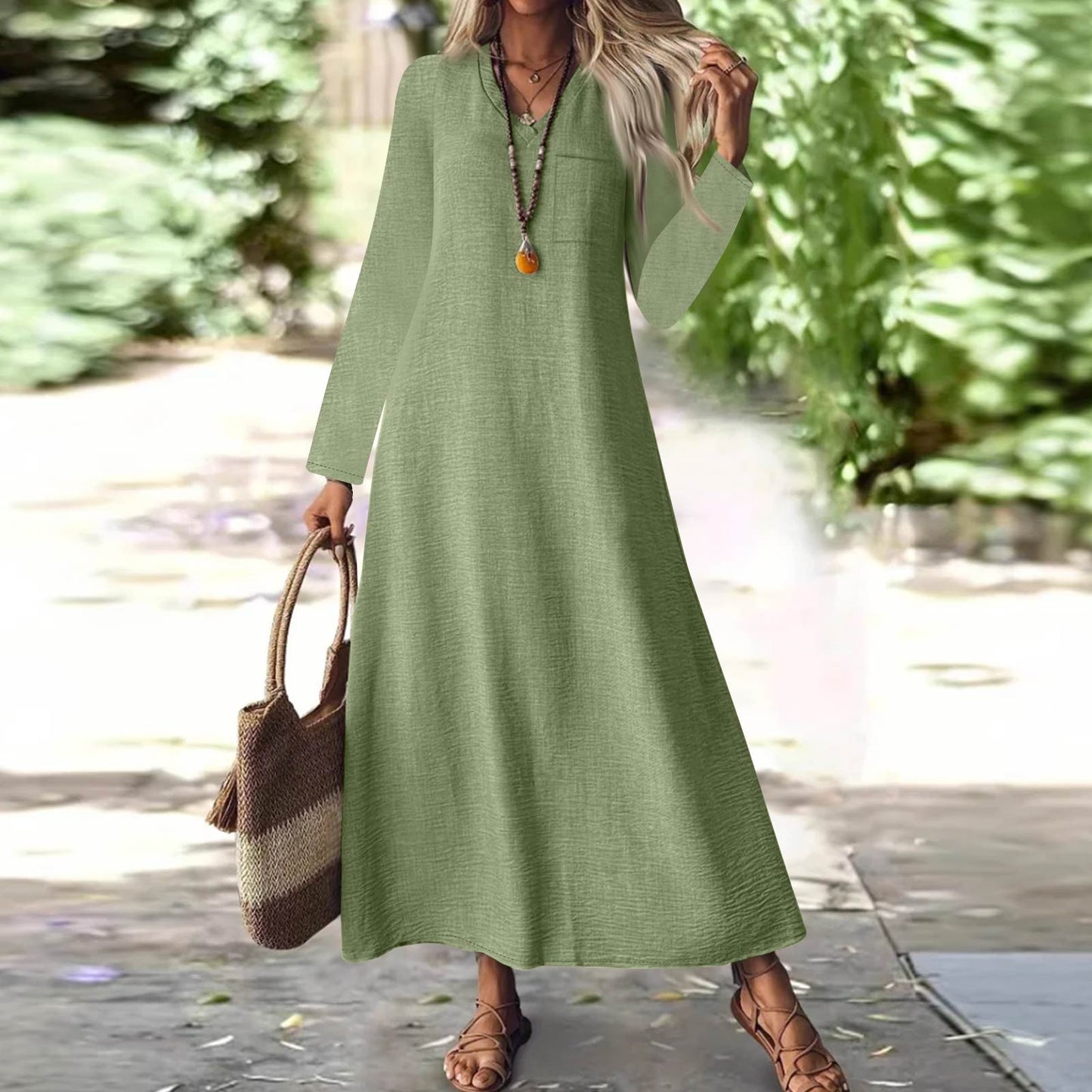 Summer Back Zipper Cotton Linen Solid Color Dress
