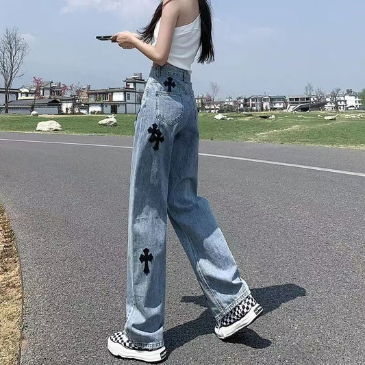 Women's High Waist Straight Slimming Fashion Cross Jeans
