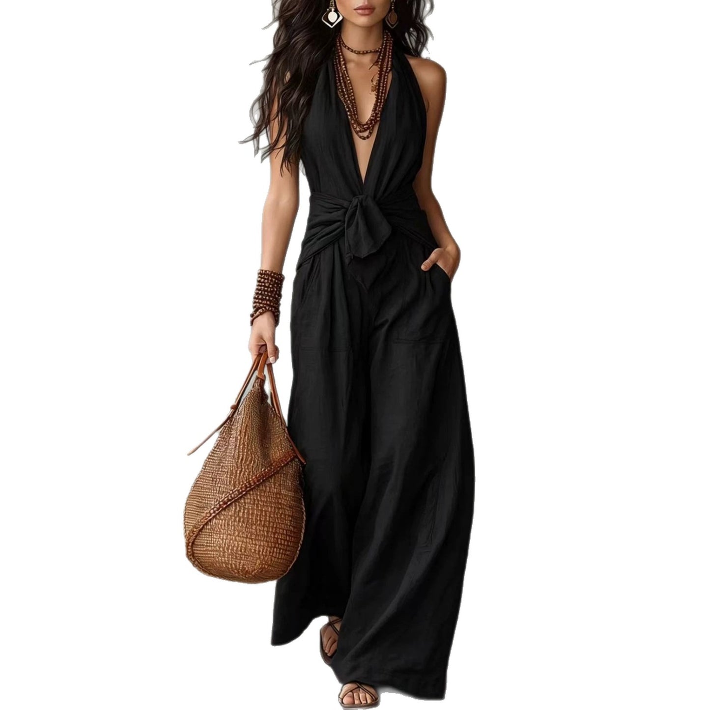 New Women's Elegant Sleeveless Halter Waist Women's Jumpsuit/clothing