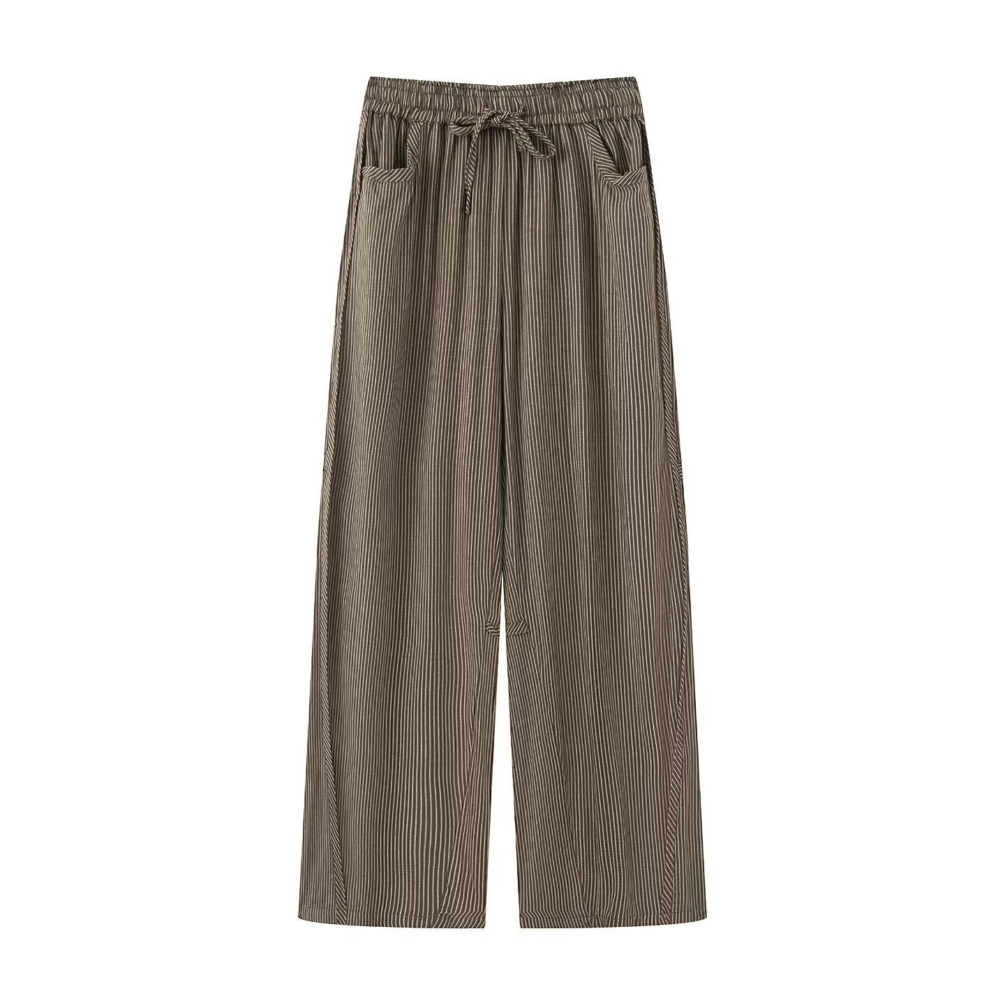 Women's Autumn Elastic Waistband Vertical Stripes Casual Pants