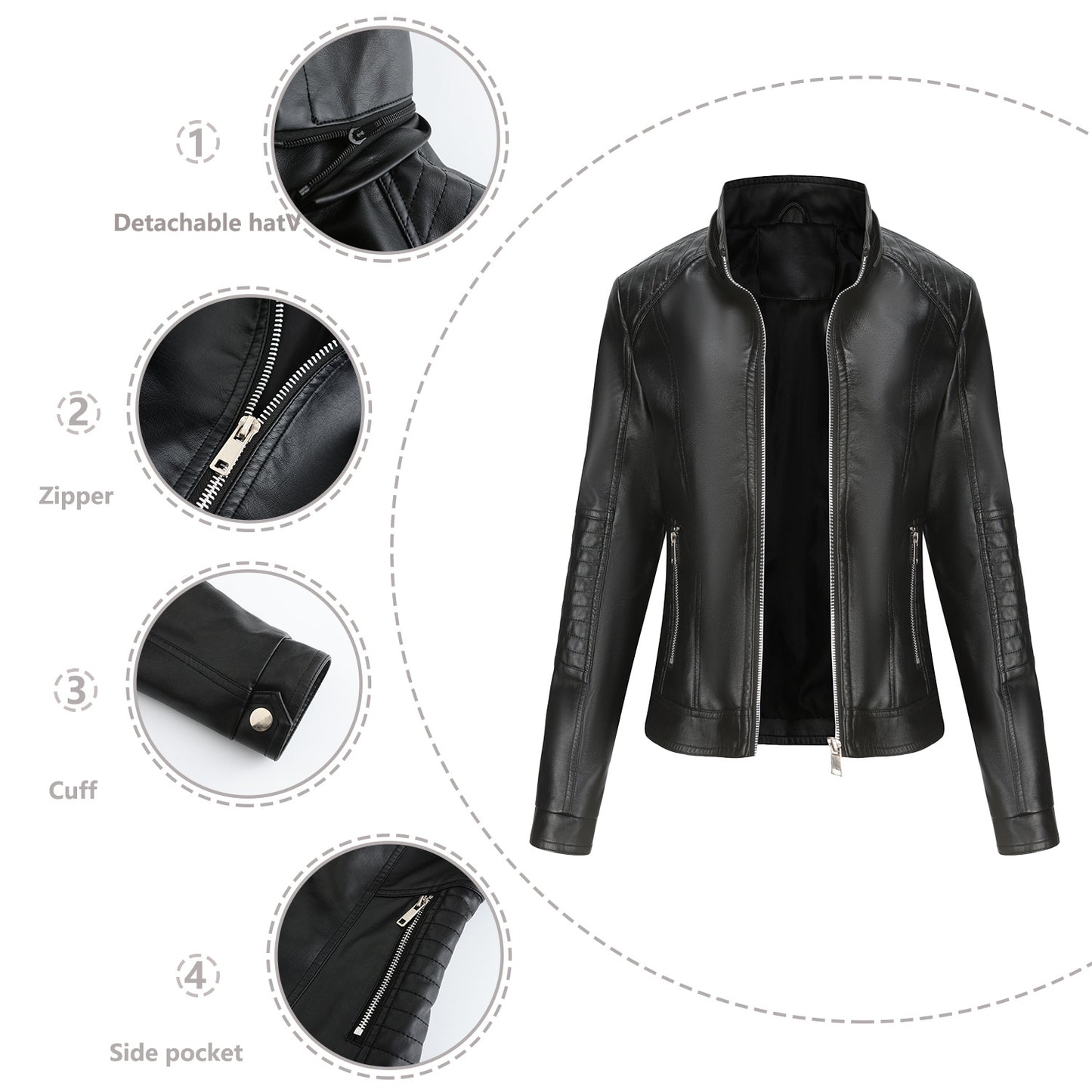 Women's Hooded Leather Detachable Hat Windproof European Jackets