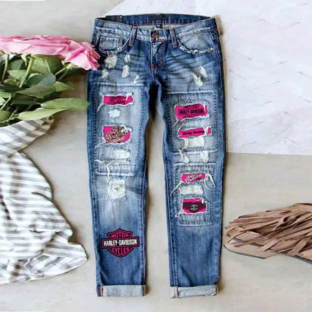 Women's Fashion Holes Printed Patch Straight Women's Jeans