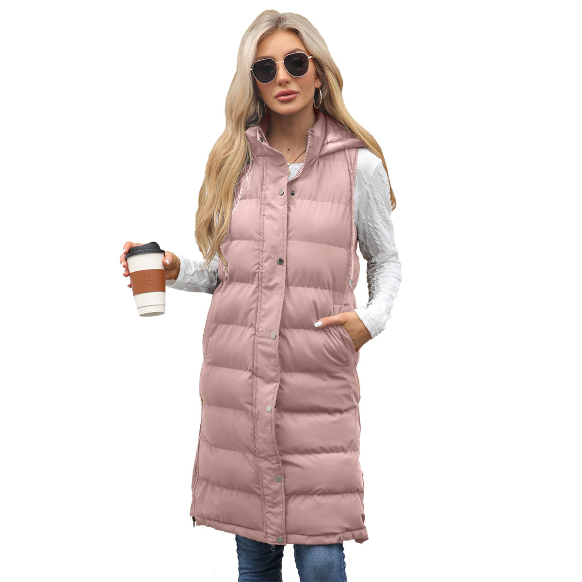 Women's Ladies Hooded Sleeveless Long Solid Color Vests
