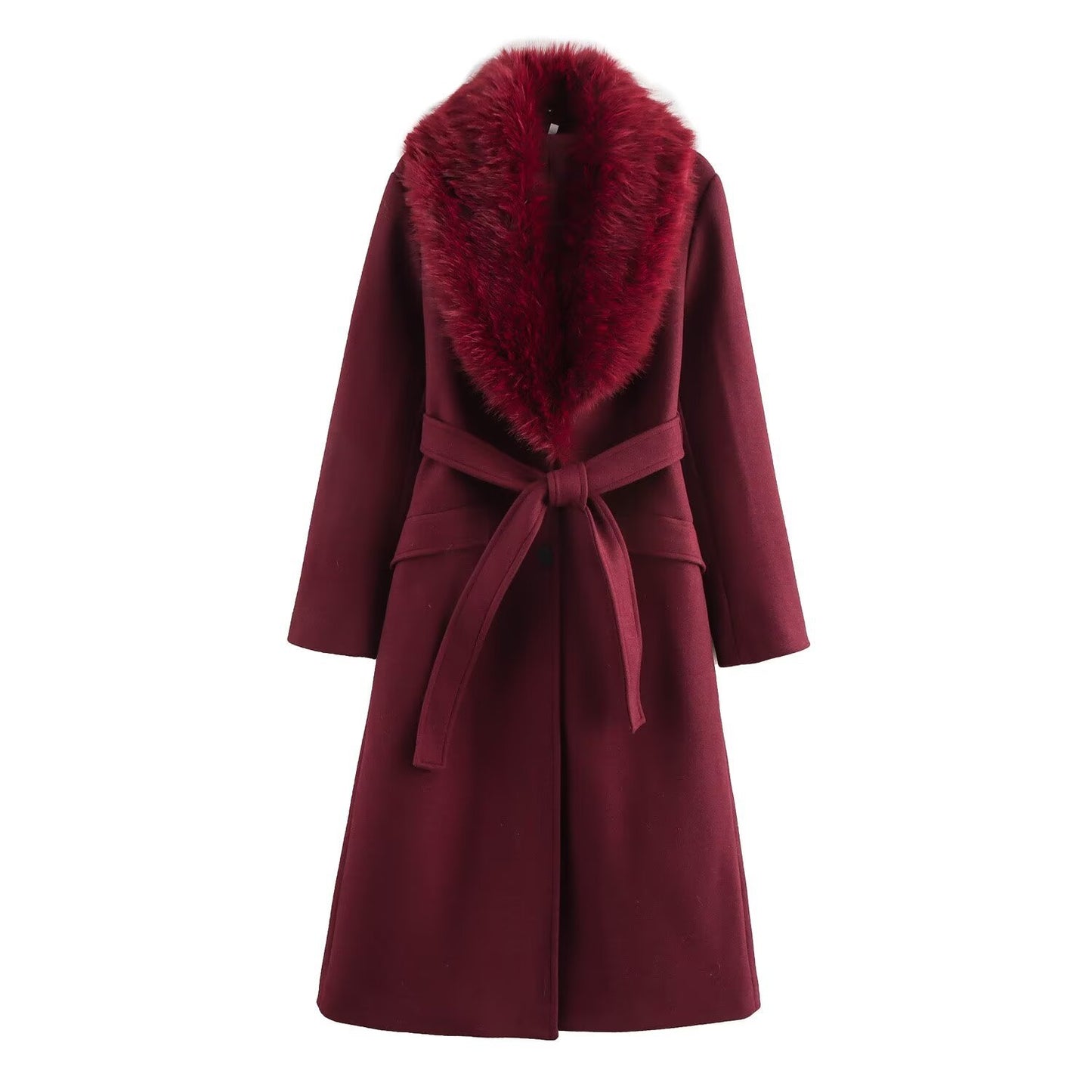 Autumn Fur Collar Belt Temperament Woolen Coats