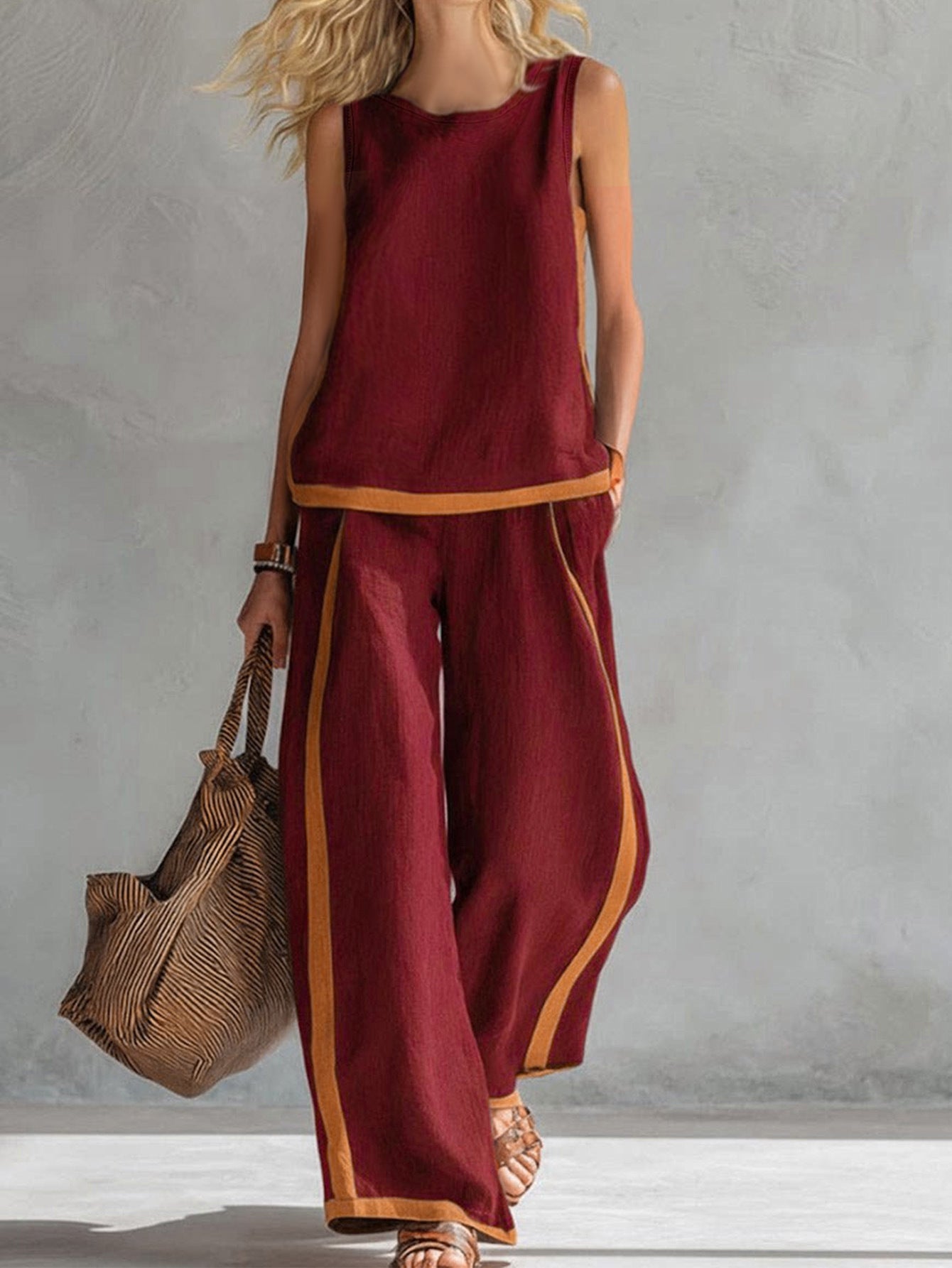 Women's Sleeveless Contrast Color Summer Two-piece Trendy Fashion Casual Suit