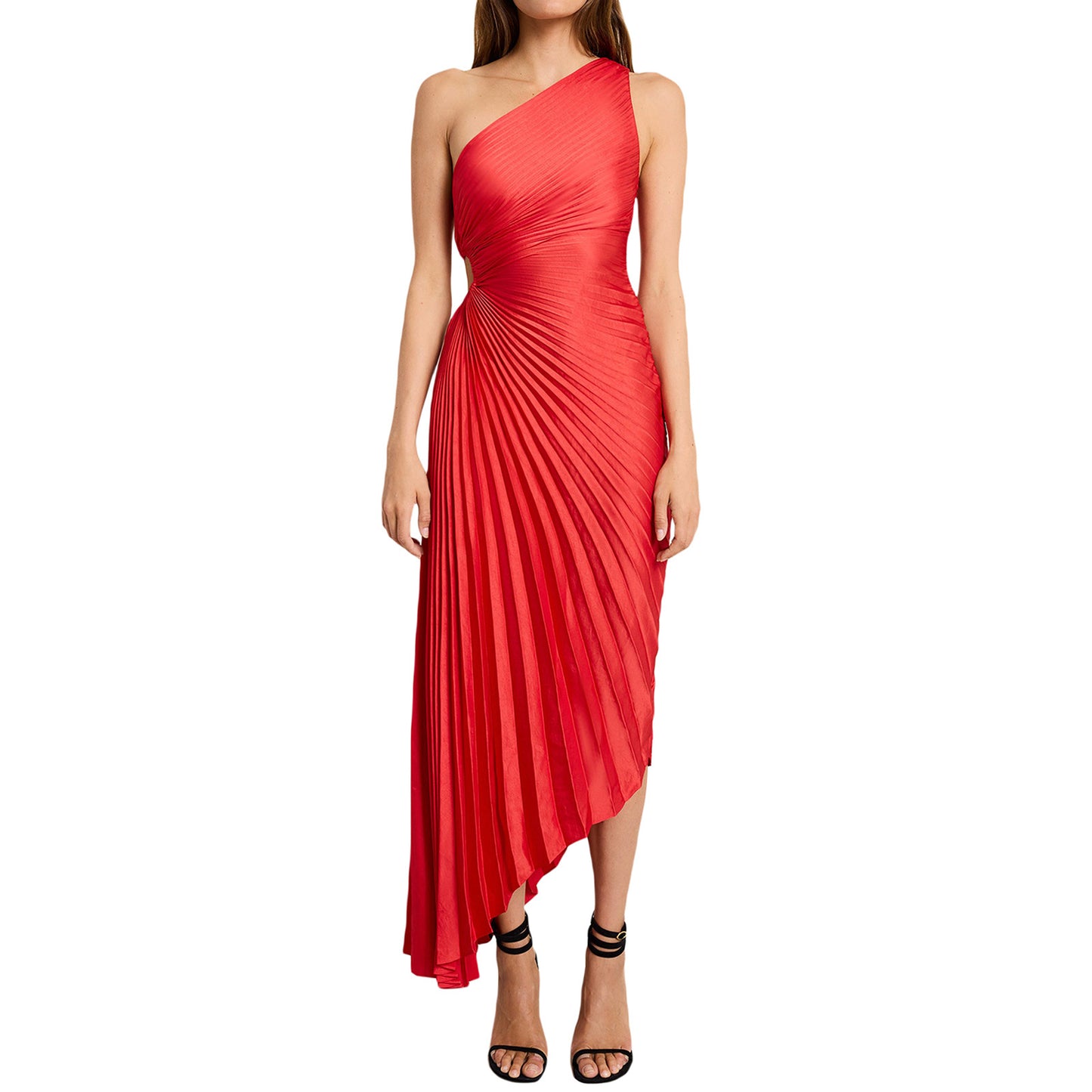 Women's Diagonal Collar Pleated Hollow Dress Satin Dresses