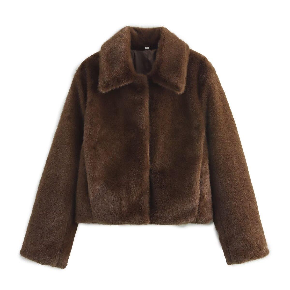 Autumn Brown Artificial Fur Effect Lapel Shorts